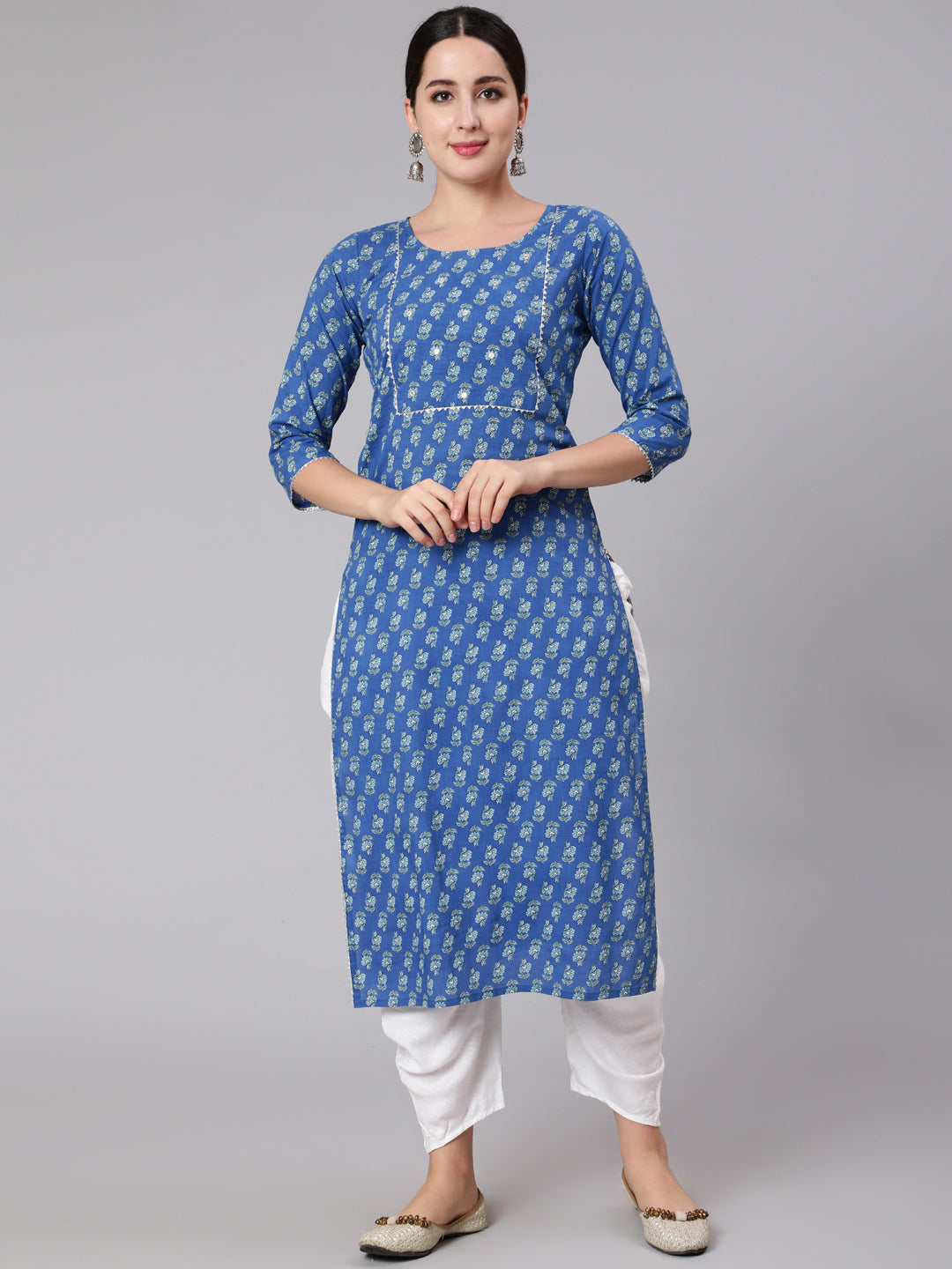 Women Blue Ethnic Motif Printed Straight Kurta With Three Quaretr Sleeves | LASVINI - Redefining Indian Fashion with Elegance