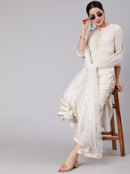 Women White & Gold Printed Lace Details Lurta With Palazzo And Net Sequence Dupatta | LASVINI - Redefining Indian Fashion with Elegance