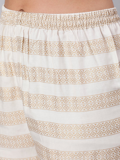 Women White & Gold Printed Lace Details Lurta With Palazzo And Net Sequence Dupatta | LASVINI - Redefining Indian Fashion with Elegance