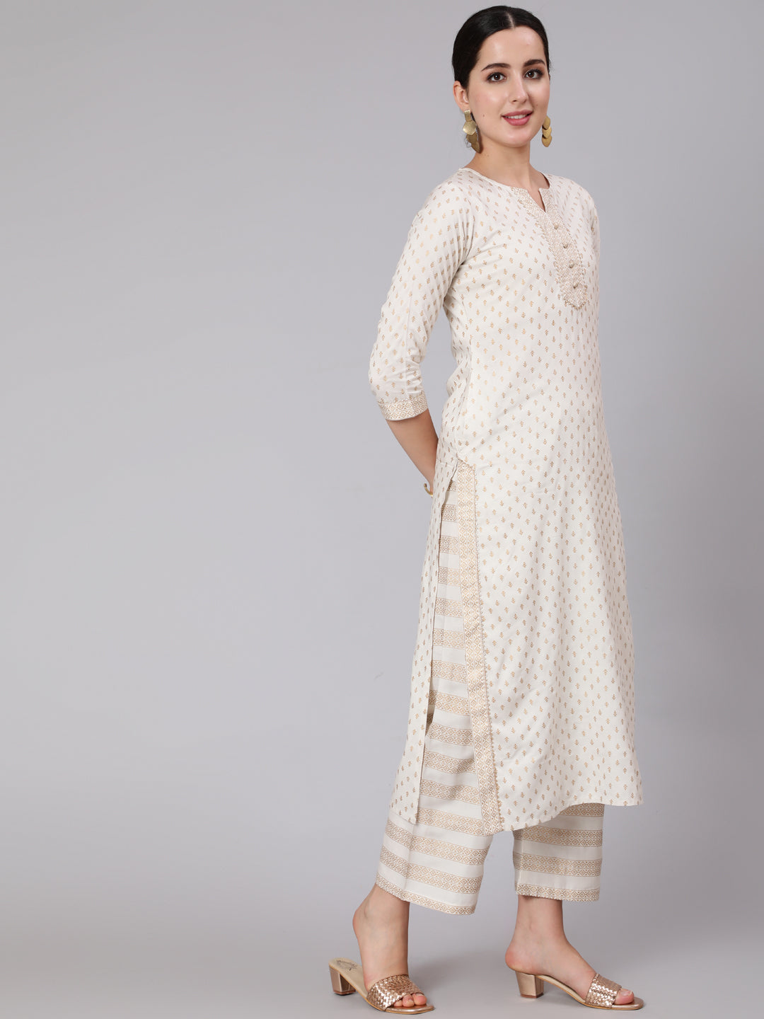 Women White & Gold Printed Lace Details Lurta With Palazzo And Net Sequence Dupatta | LASVINI - Redefining Indian Fashion with Elegance
