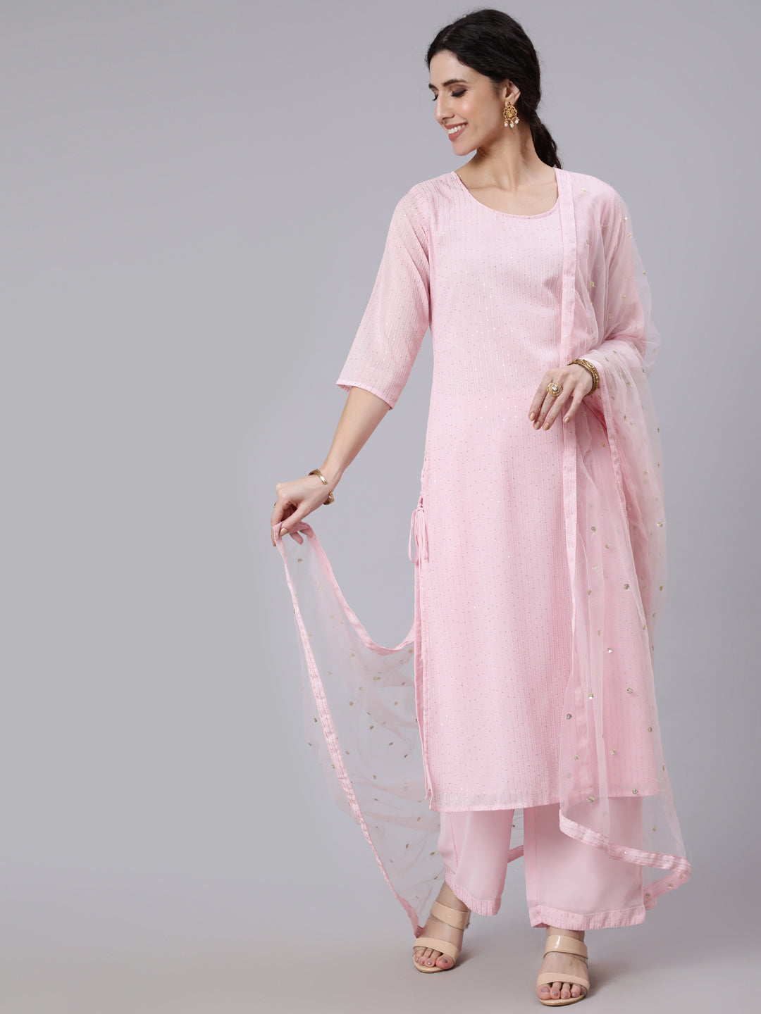 Women Pink Sequence Georgette Kurta With Palazzo And Net Dupatta | LASVINI - Redefining Indian Fashion with Elegance