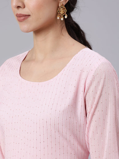 Women Pink Sequence Georgette Kurta With Palazzo And Net Dupatta | LASVINI - Redefining Indian Fashion with Elegance