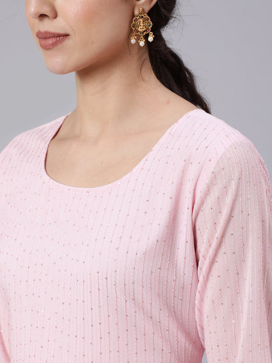 Women Pink Sequence Georgette Kurta With Palazzo And Net Dupatta | LASVINI - Redefining Indian Fashion with Elegance