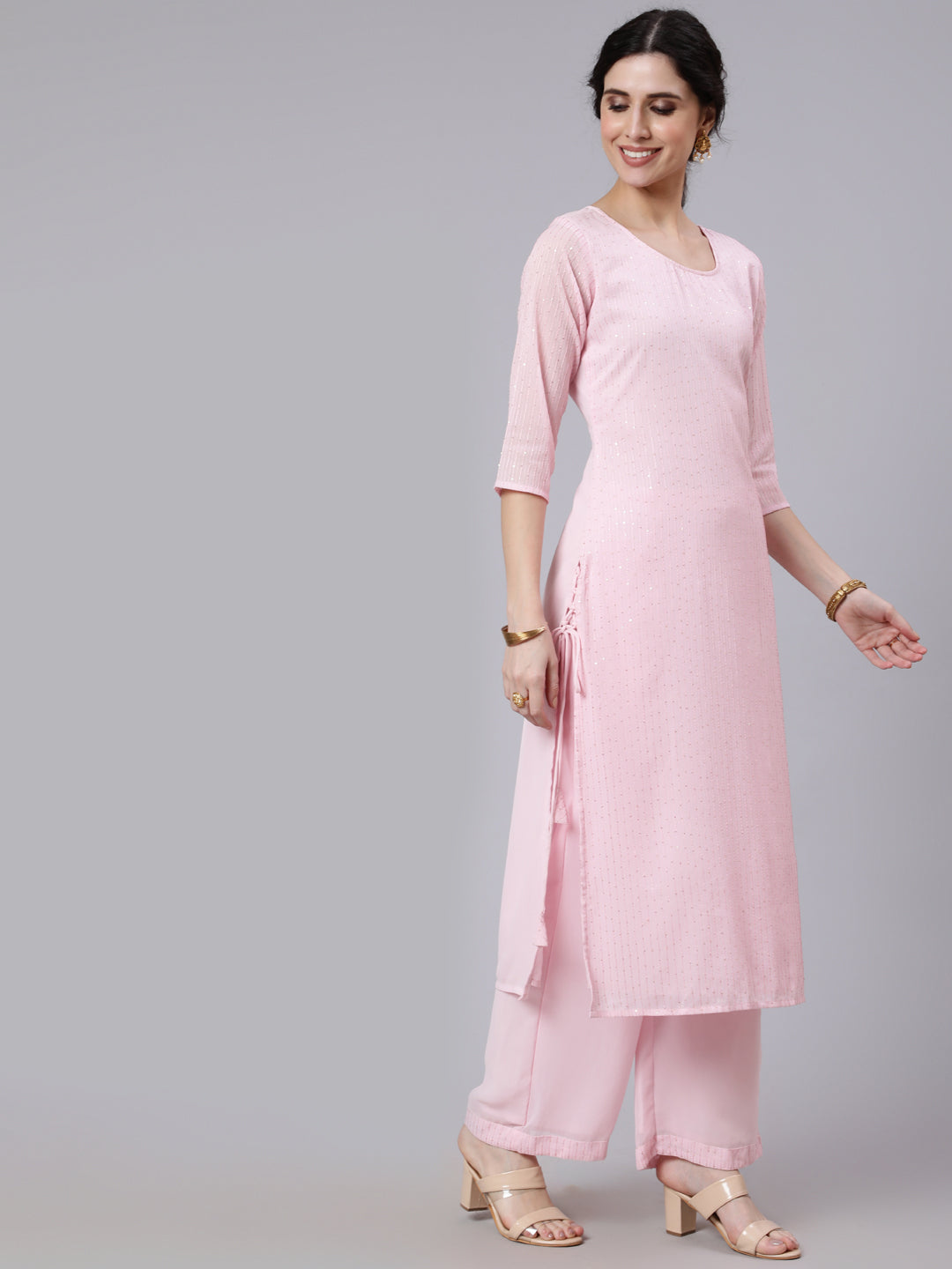 Women Pink Sequence Georgette Kurta With Palazzo And Net Dupatta | LASVINI - Redefining Indian Fashion with Elegance