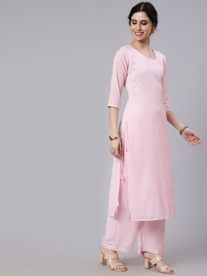Women Pink Sequence Georgette Kurta With Palazzo And Net Dupatta | LASVINI - Redefining Indian Fashion with Elegance