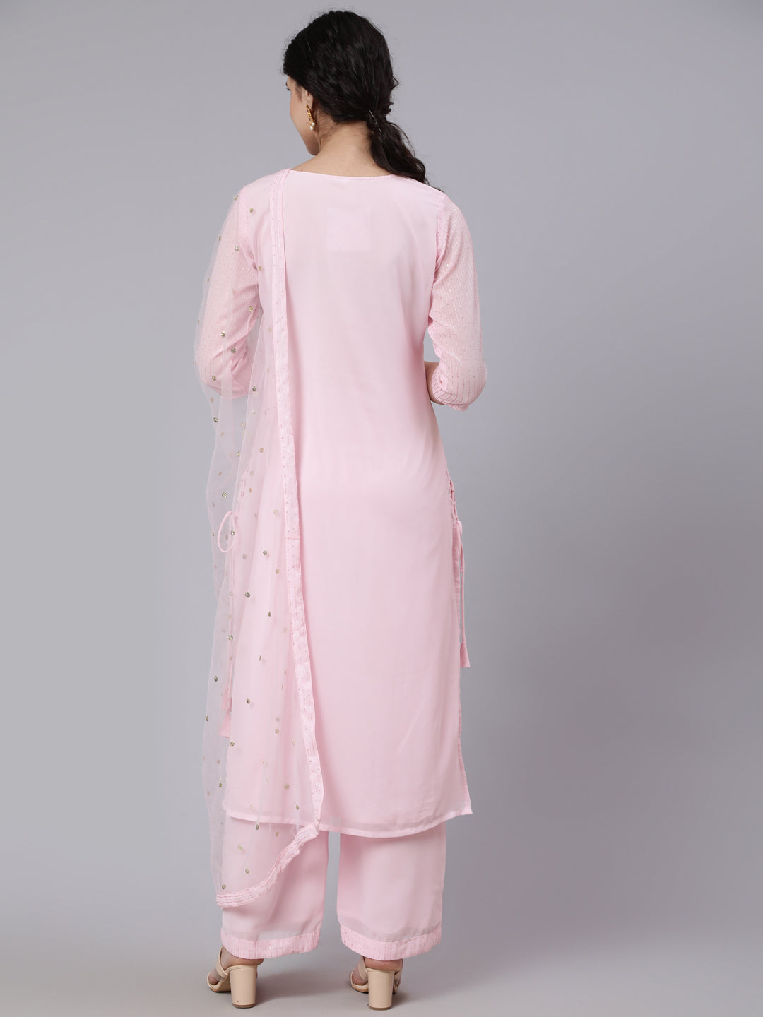 Women Pink Sequence Georgette Kurta With Palazzo And Net Dupatta | LASVINI - Redefining Indian Fashion with Elegance