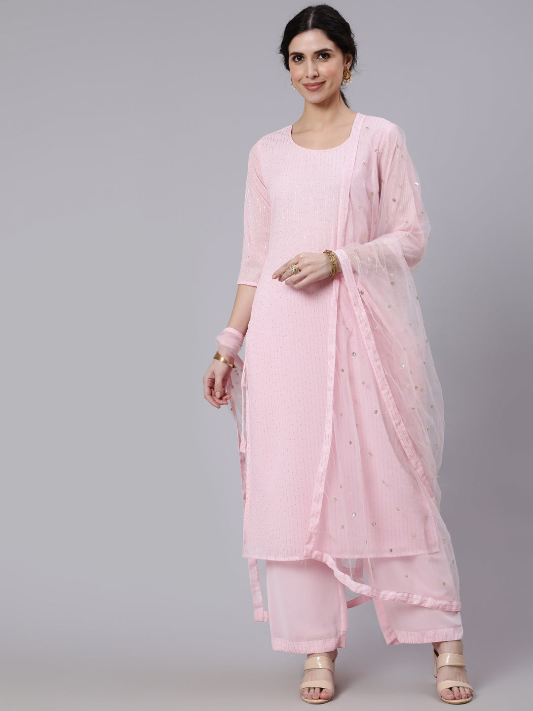 Women Pink Sequence Georgette Kurta With Palazzo And Net Dupatta | LASVINI - Redefining Indian Fashion with Elegance