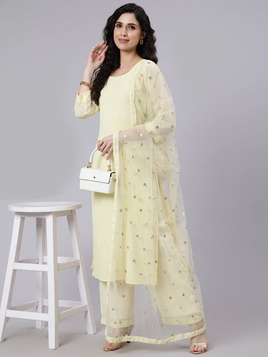 Women Yellow Sequence Georgette Kurta With Palazzo And Net Dupatta | LASVINI - Redefining Indian Fashion with Elegance