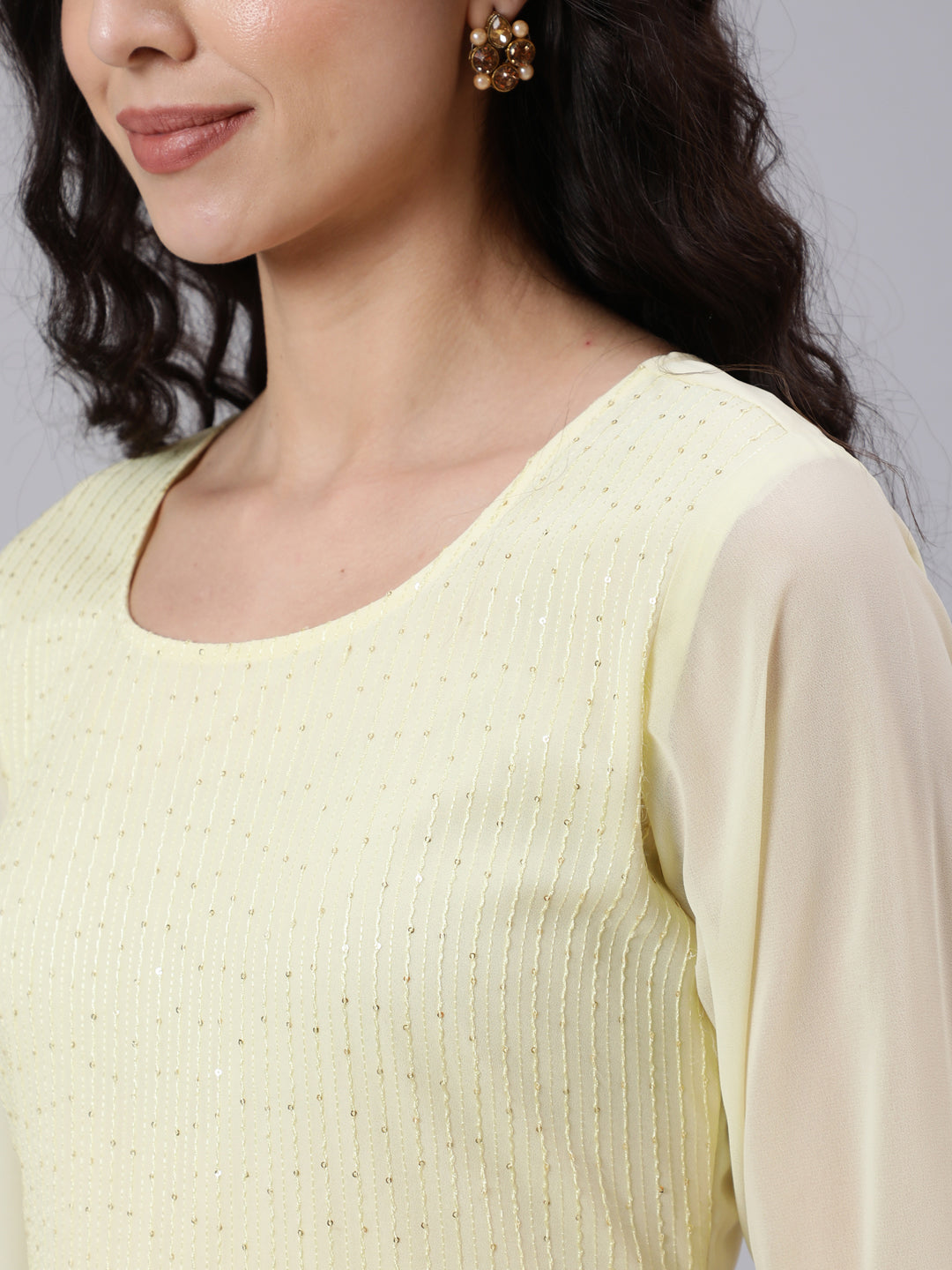 Women Yellow Sequence Georgette Kurta With Palazzo And Net Dupatta | LASVINI - Redefining Indian Fashion with Elegance