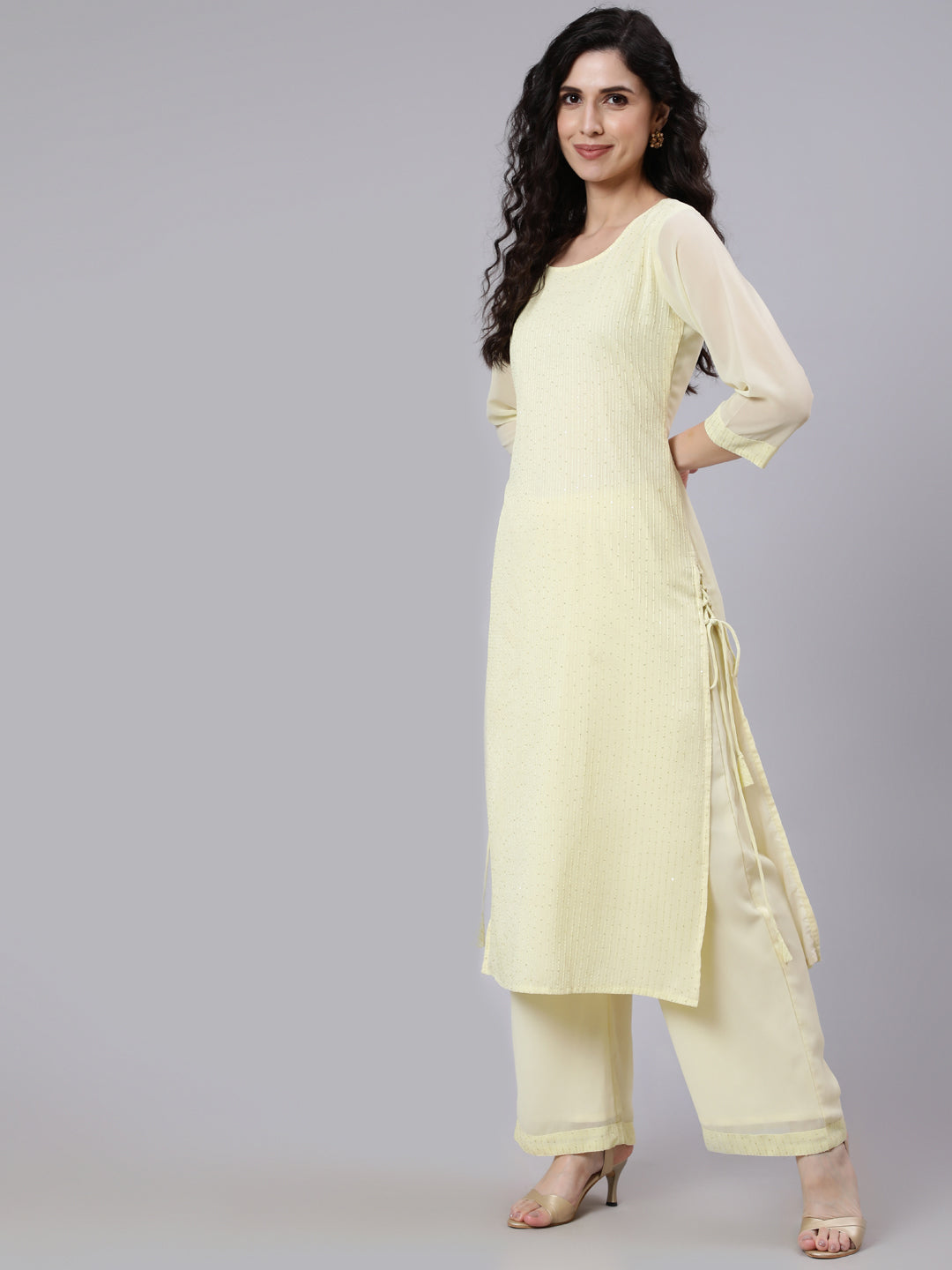 Women Yellow Sequence Georgette Kurta With Palazzo And Net Dupatta | LASVINI - Redefining Indian Fashion with Elegance