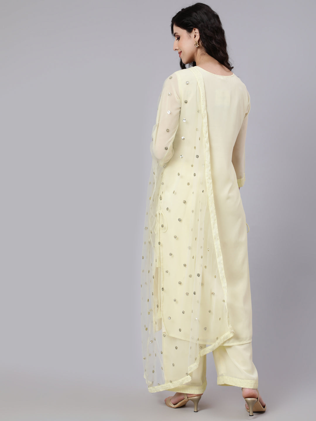Women Yellow Sequence Georgette Kurta With Palazzo And Net Dupatta | LASVINI - Redefining Indian Fashion with Elegance