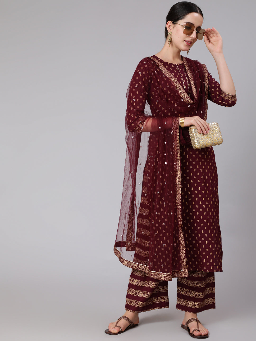 Women Burgundy & Gold Printed Kurta With Palazzo & Net Sequence Dupatta | LASVINI - Redefining Indian Fashion with Elegance