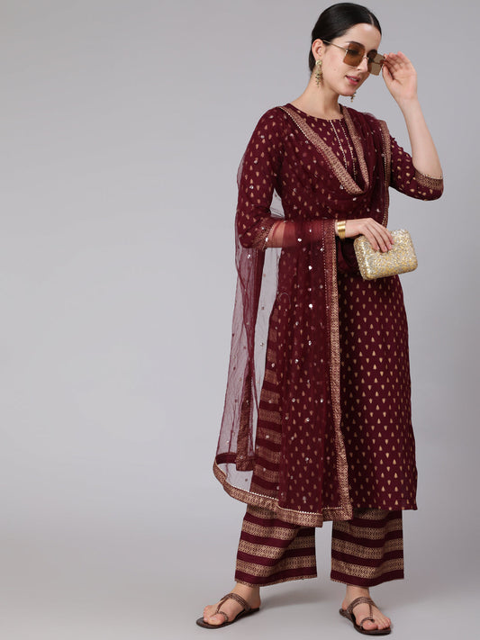 Women Burgundy & Gold Printed Kurta With Palazzo & Net Sequence Dupatta | LASVINI - Redefining Indian Fashion with Elegance