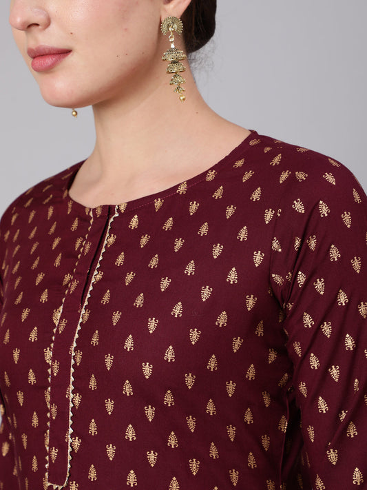 Women Burgundy & Gold Printed Kurta With Palazzo & Net Sequence Dupatta | LASVINI - Redefining Indian Fashion with Elegance