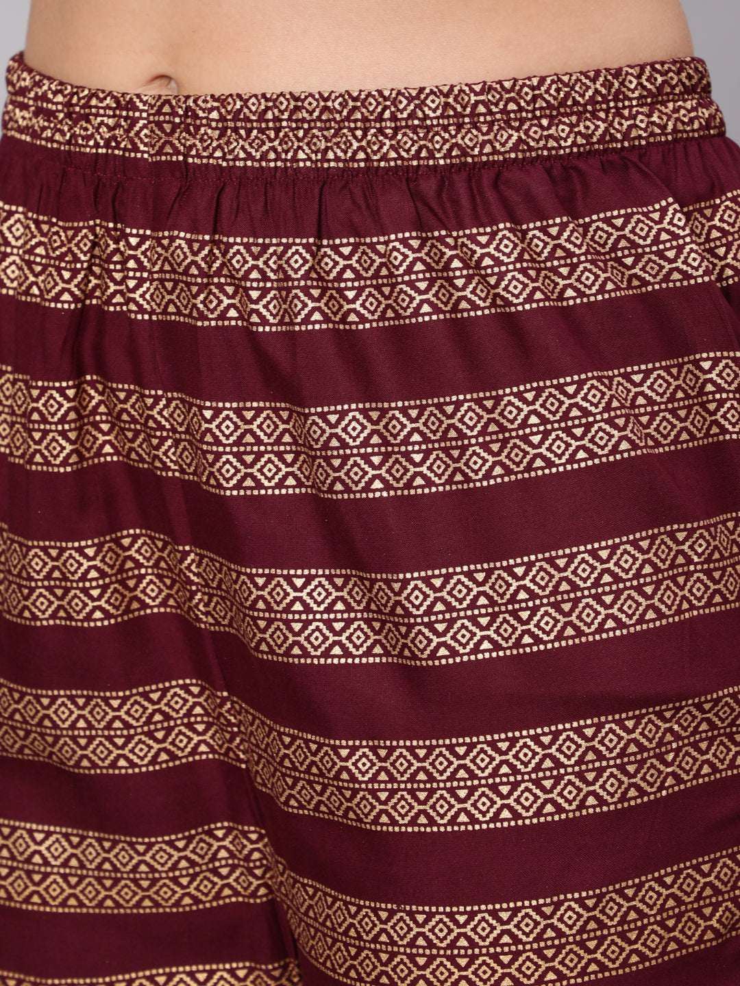 Women Burgundy & Gold Printed Kurta With Palazzo & Net Sequence Dupatta | LASVINI - Redefining Indian Fashion with Elegance