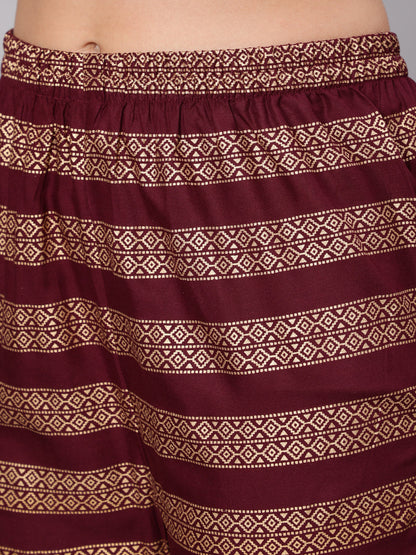 Women Burgundy & Gold Printed Kurta With Palazzo & Net Sequence Dupatta | LASVINI - Redefining Indian Fashion with Elegance
