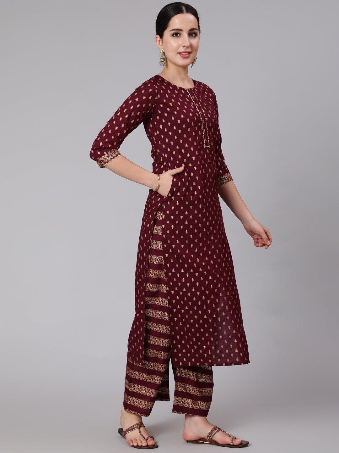 Women Burgundy & Gold Printed Kurta With Palazzo & Net Sequence Dupatta | LASVINI - Redefining Indian Fashion with Elegance