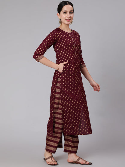 Women Burgundy & Gold Printed Kurta With Palazzo & Net Sequence Dupatta | LASVINI - Redefining Indian Fashion with Elegance