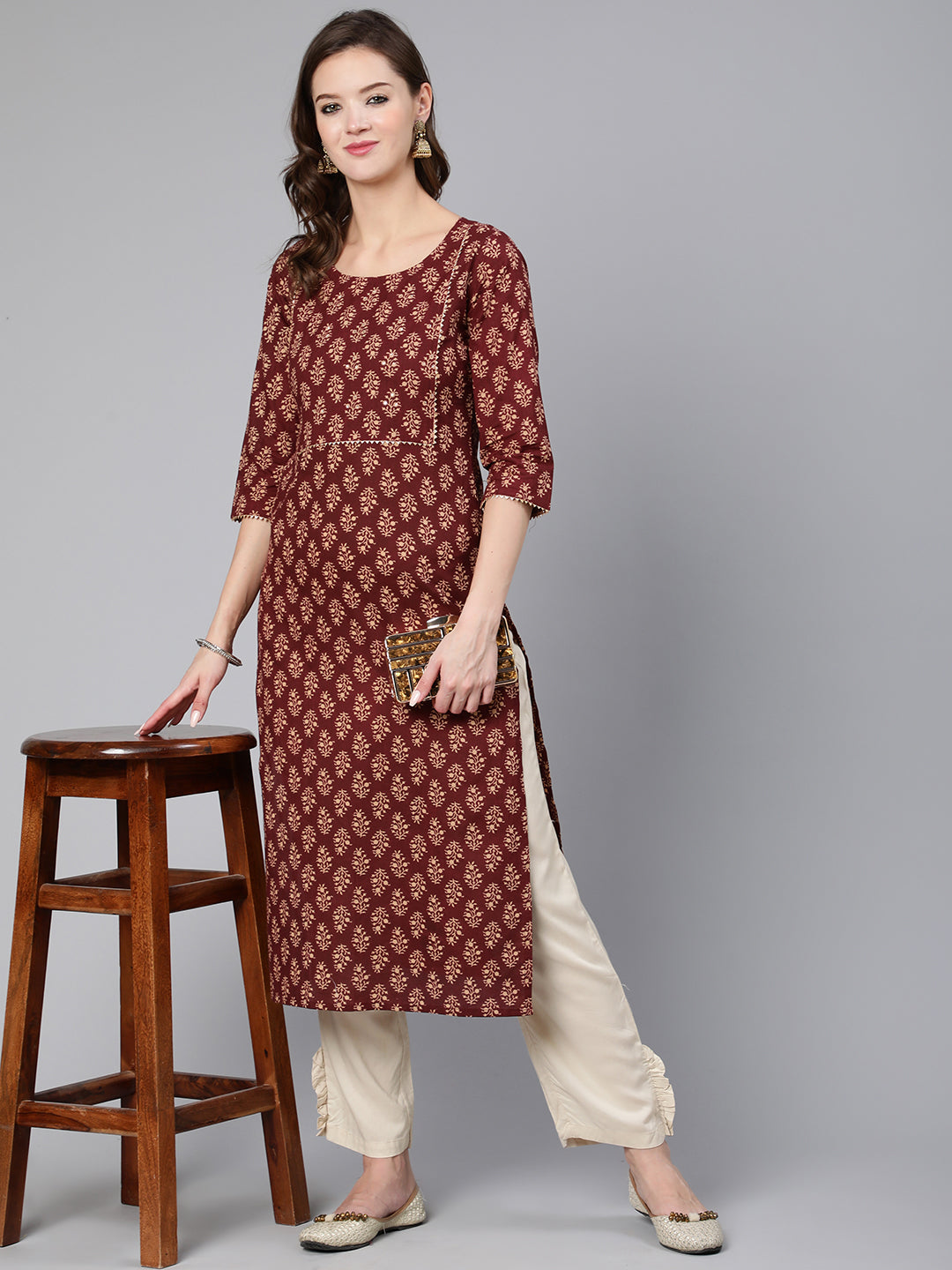 Women Maroon Ethnic Printe Straight Kurta With Three Quarter Sleeves | LASVINI - Redefining Indian Fashion with Elegance