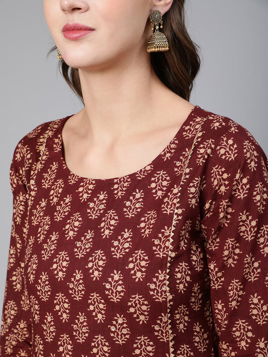 Women Maroon Ethnic Printe Straight Kurta With Three Quarter Sleeves | LASVINI - Redefining Indian Fashion with Elegance