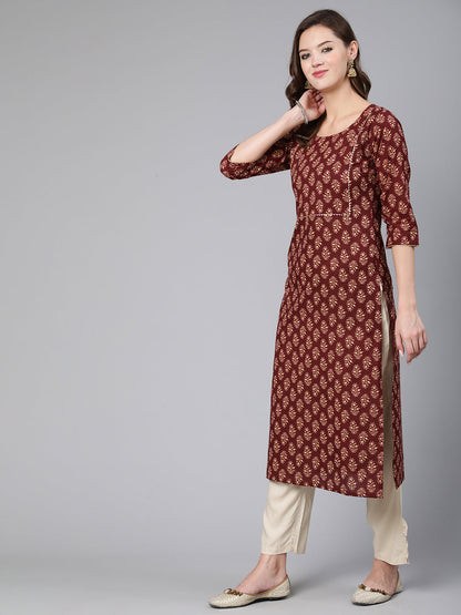 Women Maroon Ethnic Printe Straight Kurta With Three Quarter Sleeves | LASVINI - Redefining Indian Fashion with Elegance