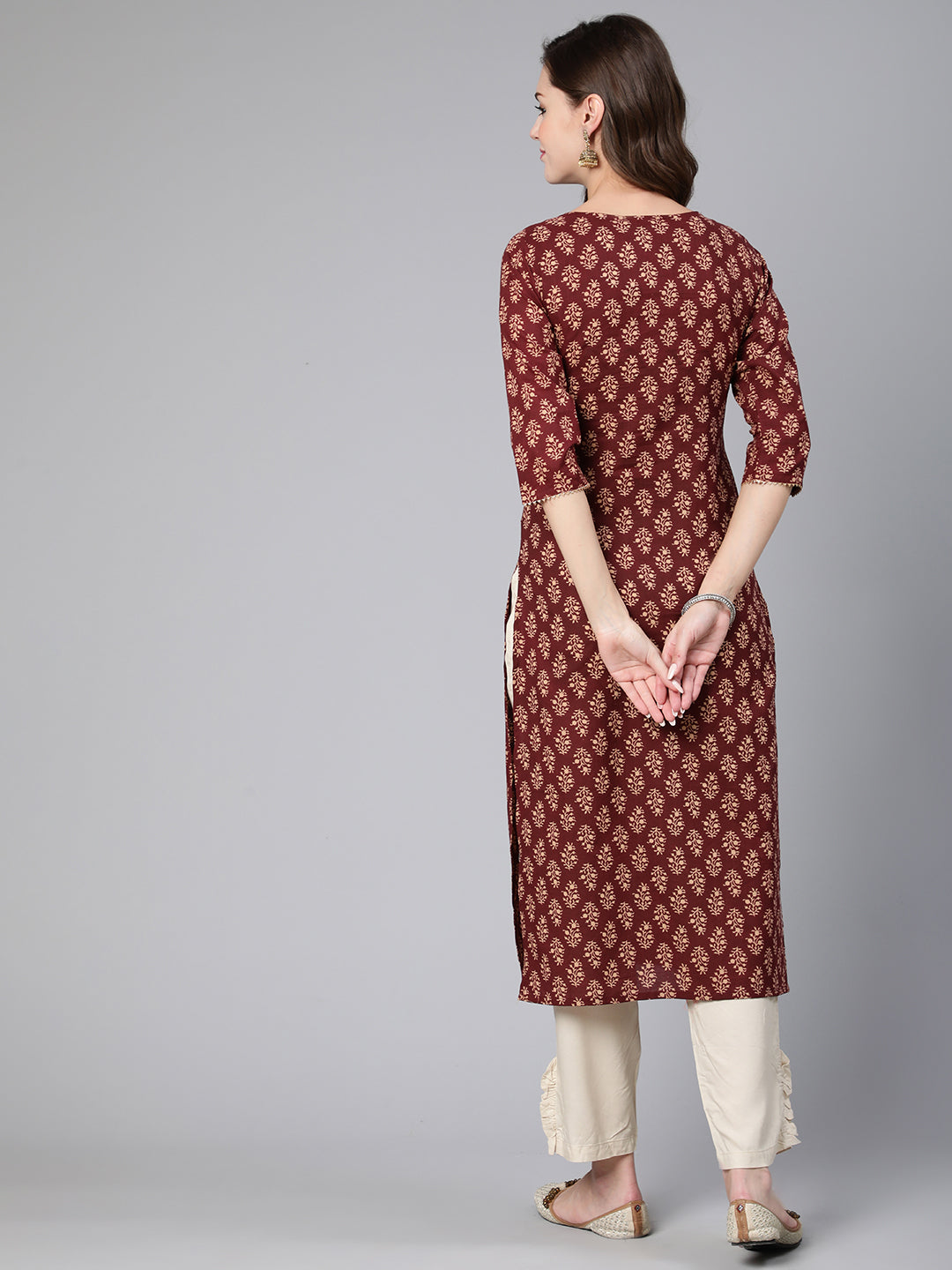 Women Maroon Ethnic Printe Straight Kurta With Three Quarter Sleeves | LASVINI - Redefining Indian Fashion with Elegance