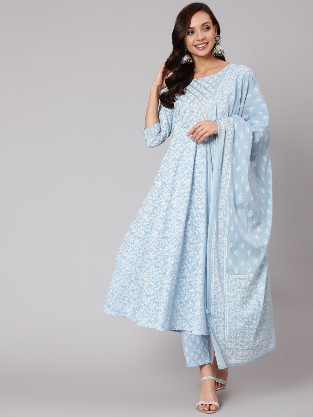 Women Light Blue Floral Printedt Flared Kurta With Trouser And Dupatta | LASVINI - Redefining Indian Fashion with Elegance
