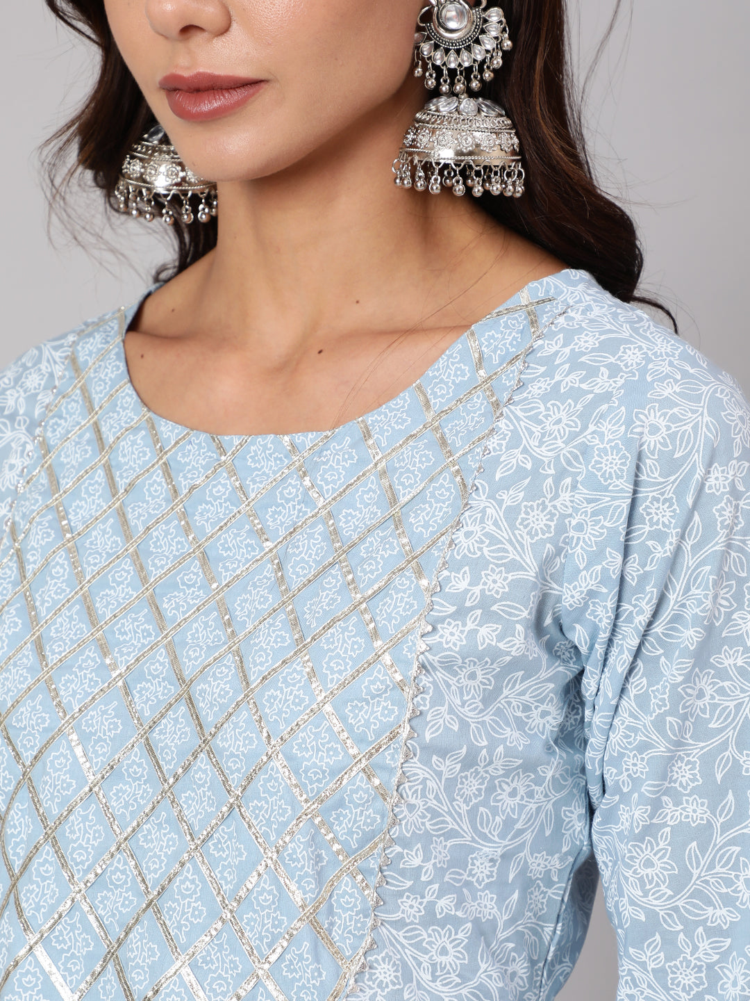 Women Light Blue Floral Printedt Flared Kurta With Trouser And Dupatta | LASVINI - Redefining Indian Fashion with Elegance