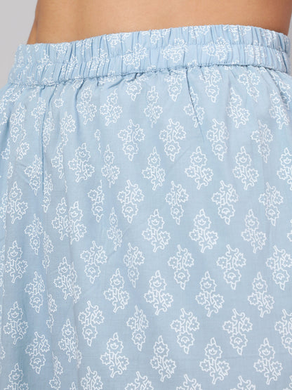 Women Light Blue Floral Printedt Flared Kurta With Trouser And Dupatta | LASVINI - Redefining Indian Fashion with Elegance