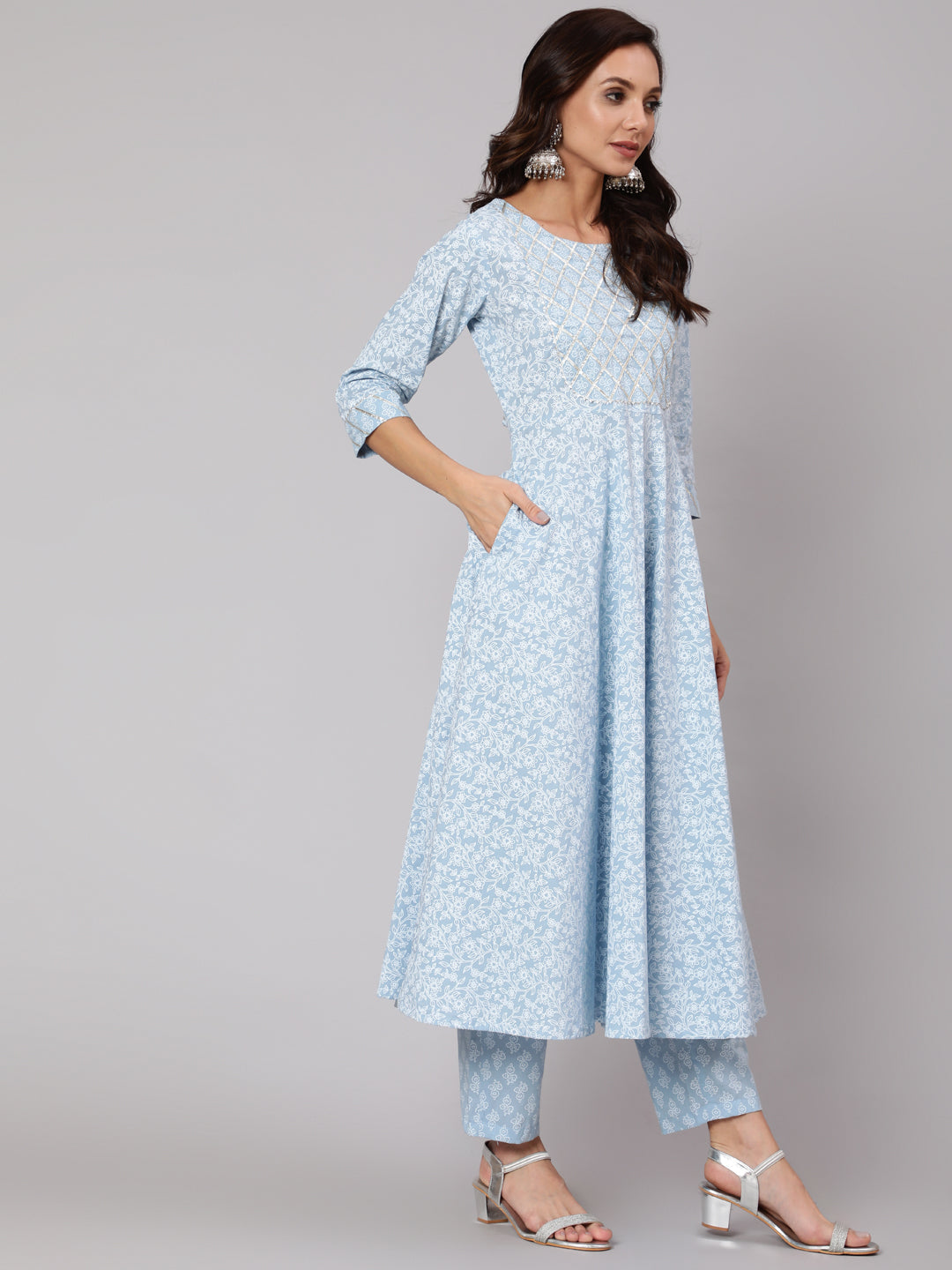 Women Light Blue Floral Printedt Flared Kurta With Trouser And Dupatta | LASVINI - Redefining Indian Fashion with Elegance