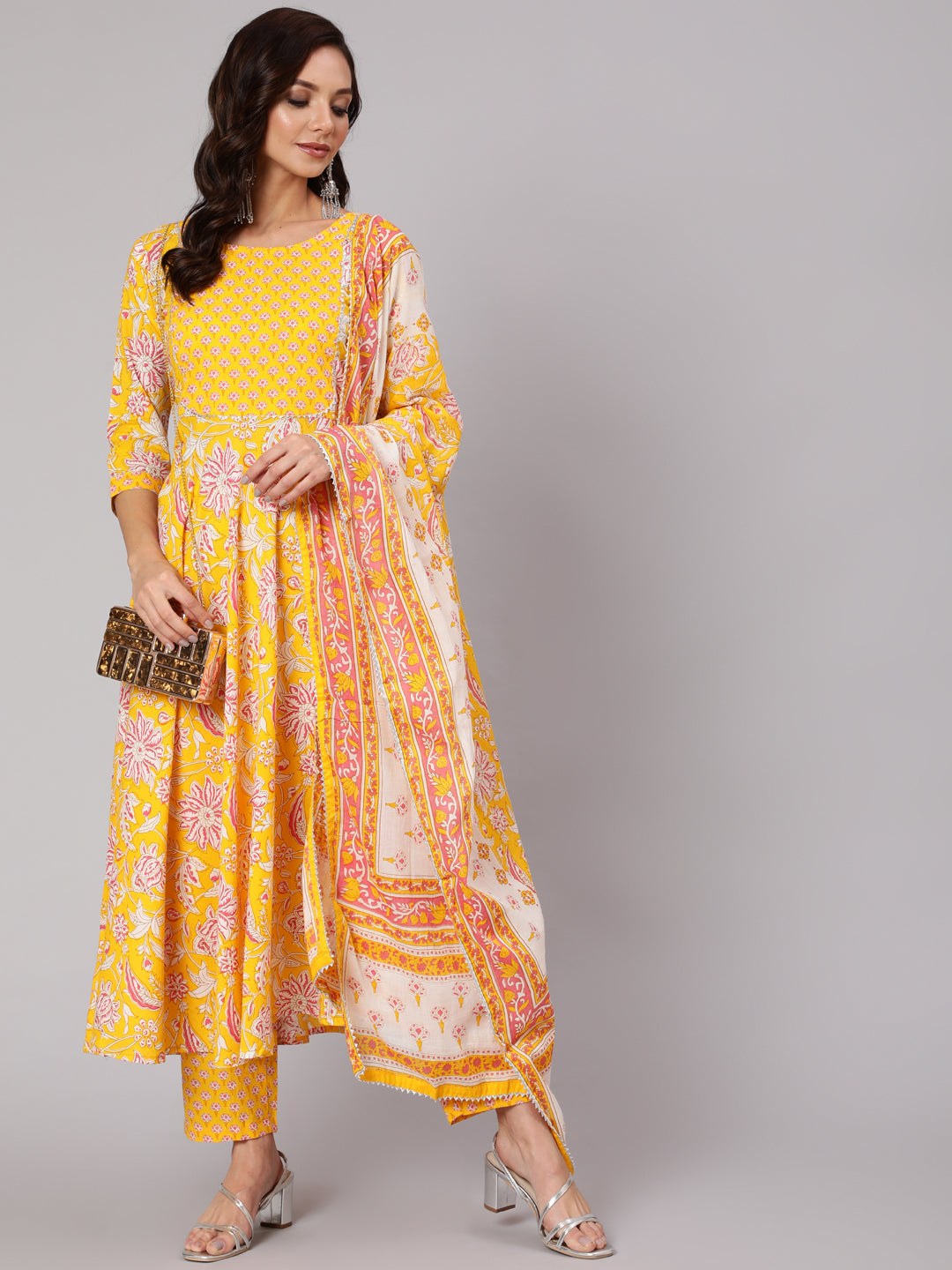 Women Yelllow Ethnic Printed Flared Kurta With Trouser And Dupatta | LASVINI - Redefining Indian Fashion with Elegance