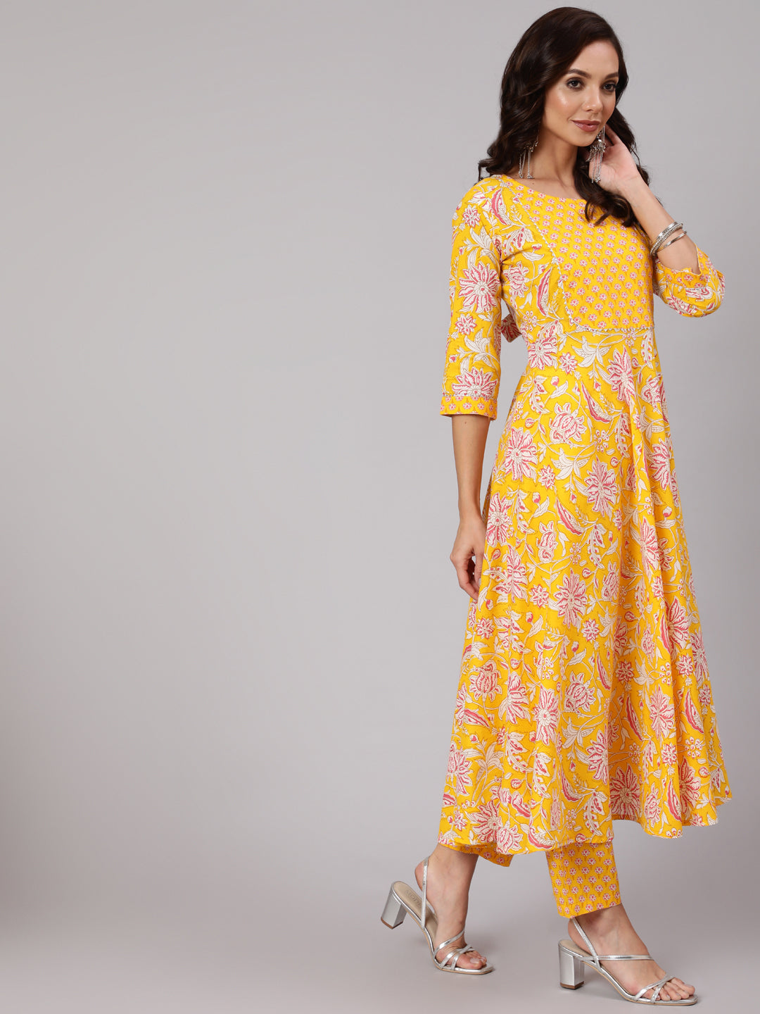 Women Yelllow Ethnic Printed Flared Kurta With Trouser And Dupatta | LASVINI - Redefining Indian Fashion with Elegance