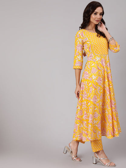 Women Yelllow Ethnic Printed Flared Kurta With Trouser And Dupatta | LASVINI - Redefining Indian Fashion with Elegance