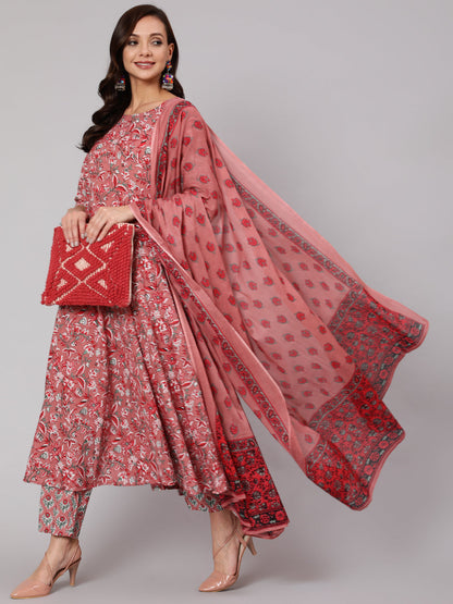 Women Pink Floral Printed Flared Kurta With Trouser With Dupatta | LASVINI - Redefining Indian Fashion with Elegance