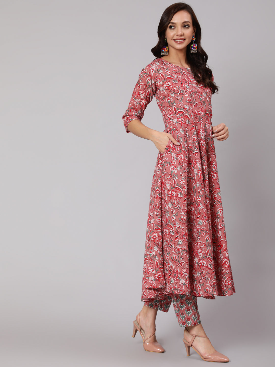 Women Pink Floral Printed Flared Kurta With Trouser With Dupatta | LASVINI - Redefining Indian Fashion with Elegance