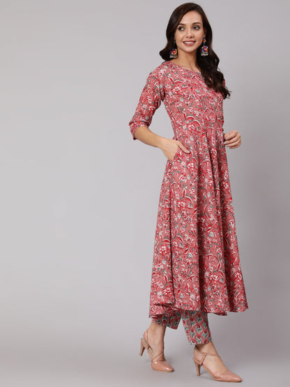 Women Pink Floral Printed Flared Kurta With Trouser With Dupatta | LASVINI - Redefining Indian Fashion with Elegance