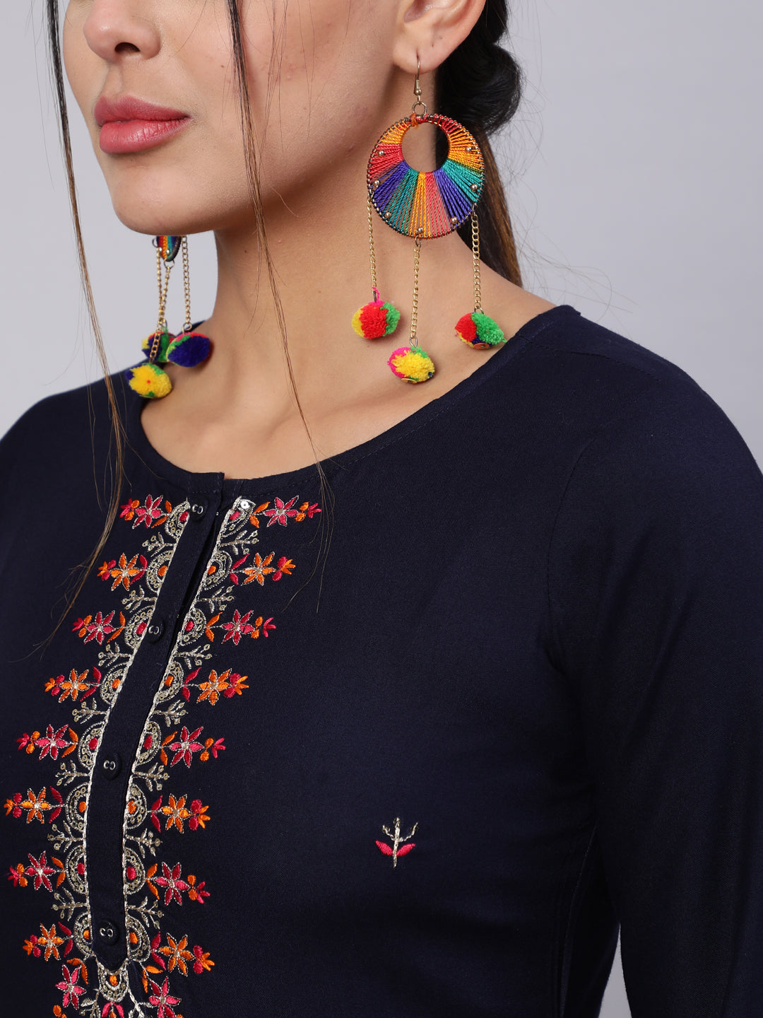 Women Navy Blue Embroidered Straight Kurta With Palazzo And Art Silk Dupatta | LASVINI - Redefining Indian Fashion with Elegance