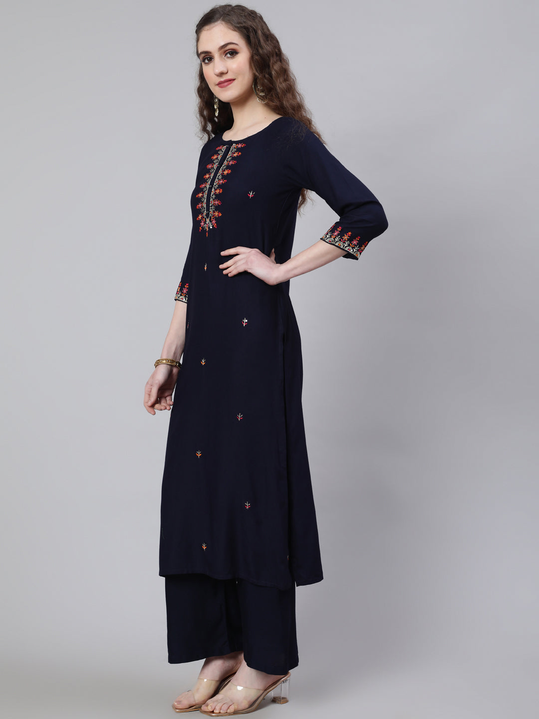 Women Navy Blue Embroidered Straight Kurta With Palazzo And Art Silk Dupatta | LASVINI - Redefining Indian Fashion with Elegance
