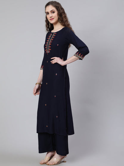 Women Navy Blue Embroidered Straight Kurta With Palazzo And Art Silk Dupatta | LASVINI - Redefining Indian Fashion with Elegance