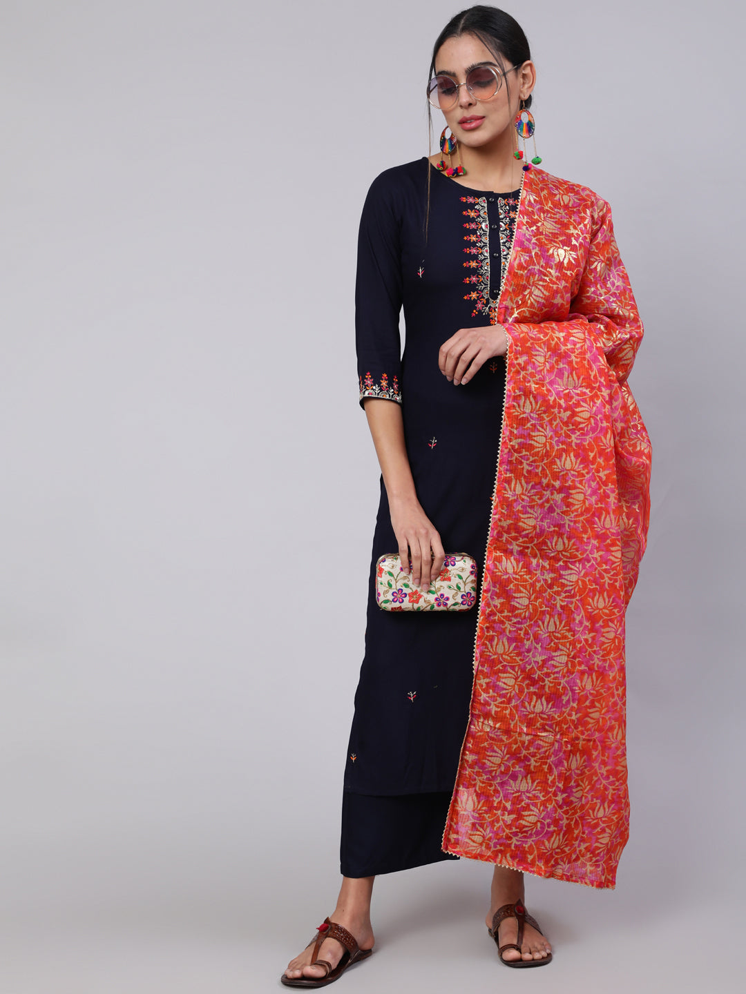Women Navy Blue Embroidered Straight Kurta With Palazzo And Art Silk Dupatta | LASVINI - Redefining Indian Fashion with Elegance