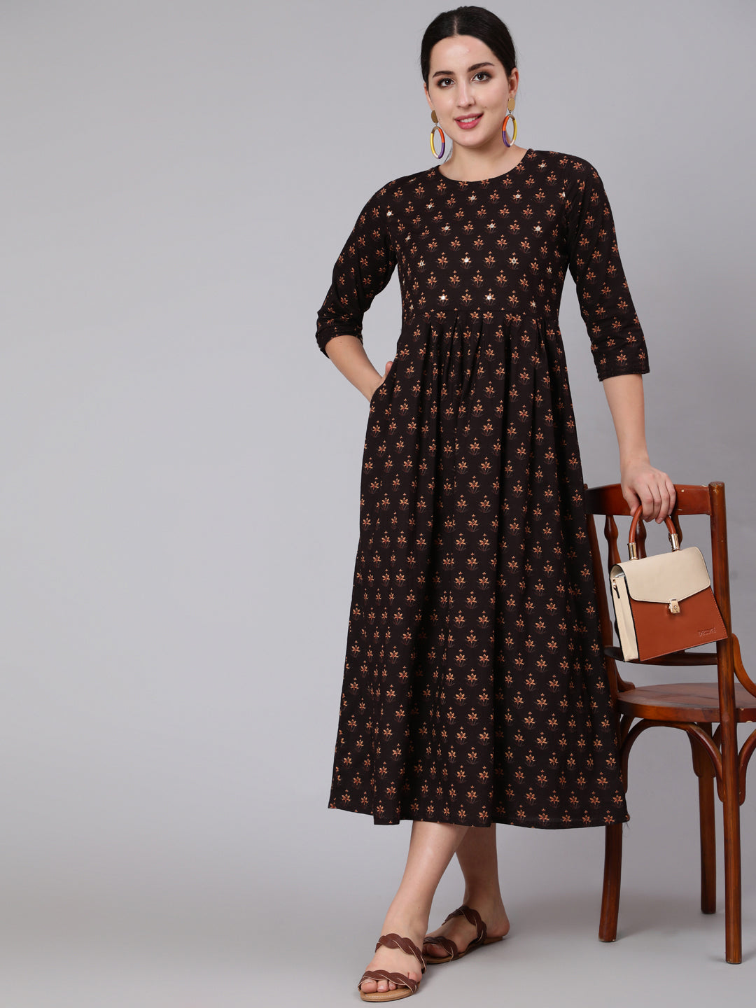 Women Brown Embroidred Flared Dress With Three Quarter Sleeves | LASVINI - Redefining Indian Fashion with Elegance