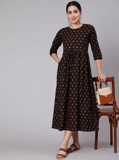 Women Brown Embroidred Flared Dress With Three Quarter Sleeves | LASVINI - Redefining Indian Fashion with Elegance
