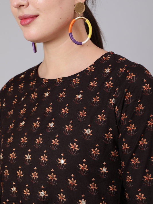 Women Brown Embroidred Flared Dress With Three Quarter Sleeves | LASVINI - Redefining Indian Fashion with Elegance