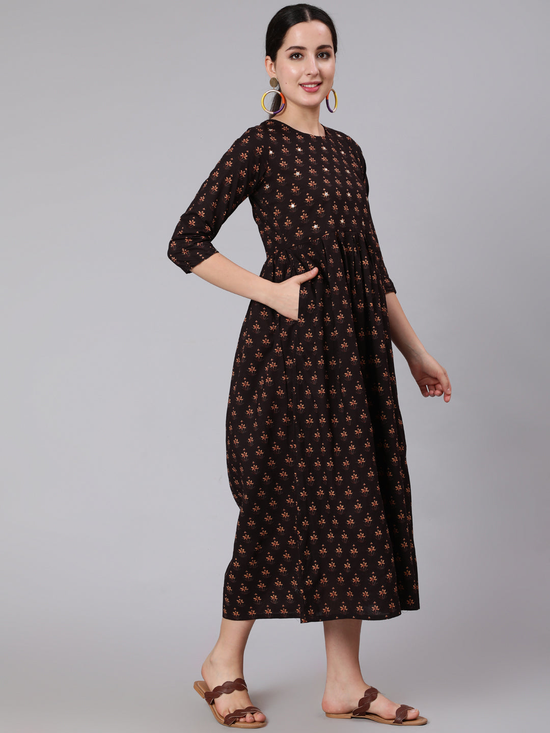 Women Brown Embroidred Flared Dress With Three Quarter Sleeves | LASVINI - Redefining Indian Fashion with Elegance