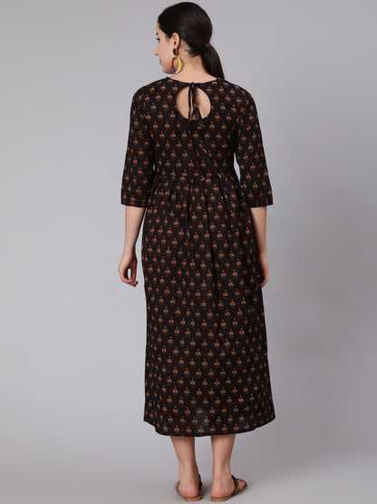 Women Brown Embroidred Flared Dress With Three Quarter Sleeves | LASVINI - Redefining Indian Fashion with Elegance