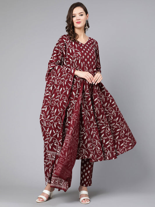 Women Burgundy Printed Flared Kurta With Trouser And Dupatta | LASVINI - Redefining Indian Fashion with Elegance