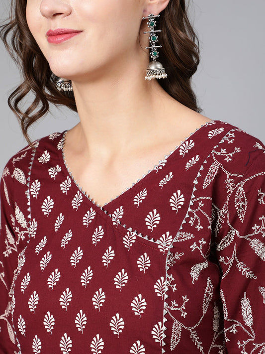 Women Burgundy Printed Flared Kurta With Trouser And Dupatta | LASVINI - Redefining Indian Fashion with Elegance