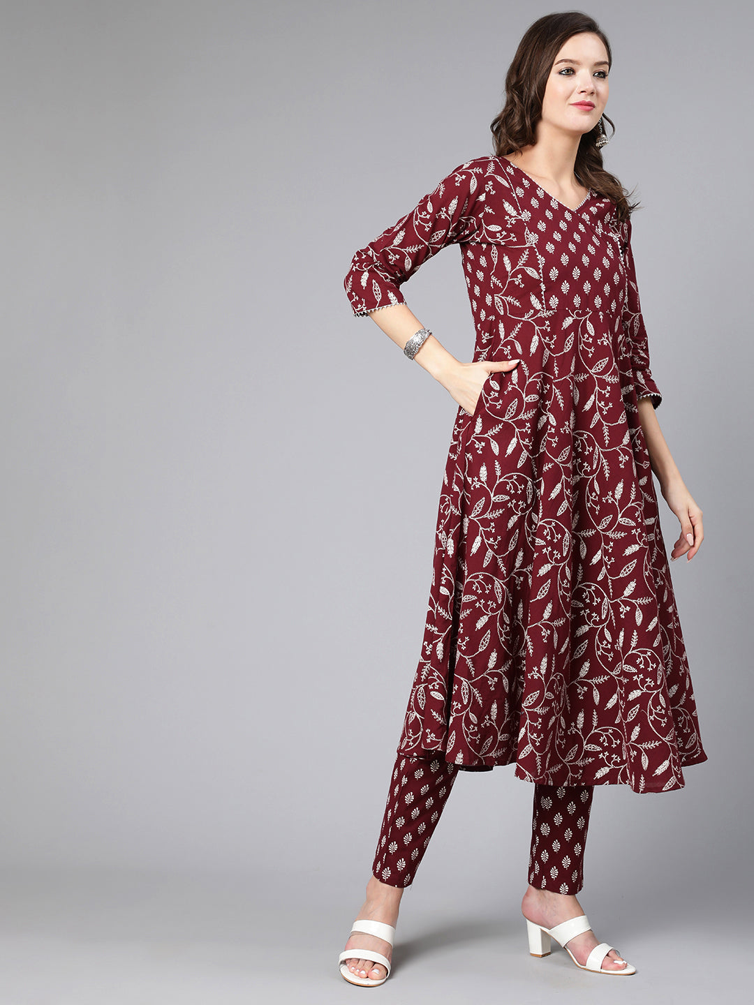 Women Burgundy Printed Flared Kurta With Trouser And Dupatta | LASVINI - Redefining Indian Fashion with Elegance
