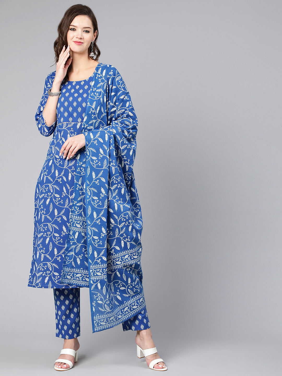 Women Blue Printed Flared Kurta With Trouser And Dupatta | LASVINI - Redefining Indian Fashion with Elegance