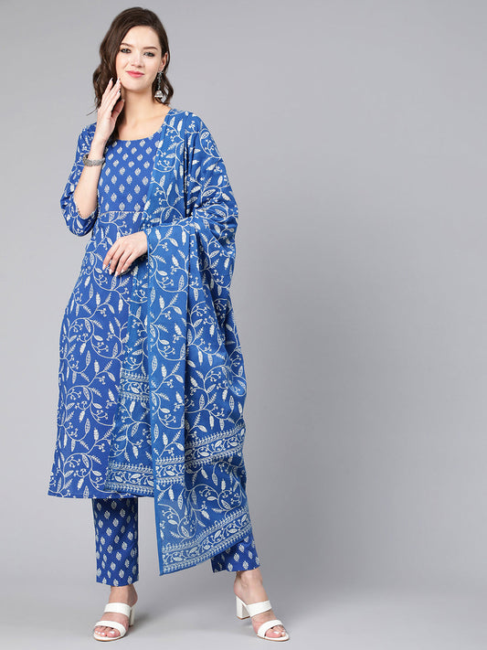 Women Blue Printed Flared Kurta With Trouser And Dupatta | LASVINI - Redefining Indian Fashion with Elegance